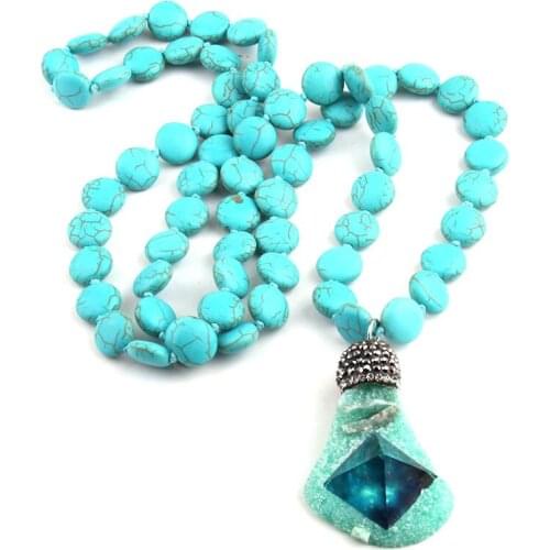 Free Shipping Fashion Bohemian Tribal Artisan Jewelry long knotted Blue Stones Pendant Necklace