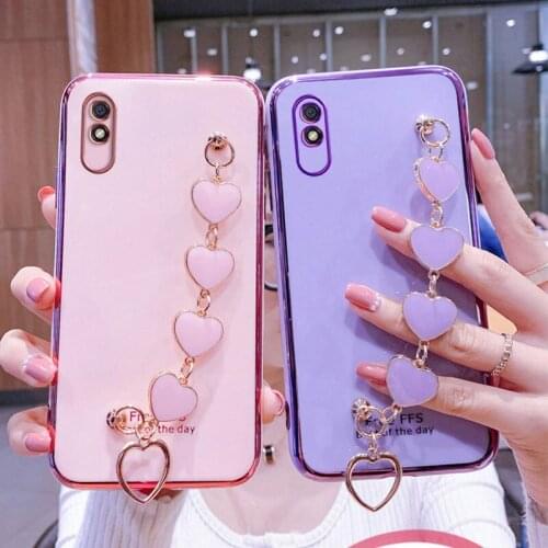 Wrist Bracelet Phone Case For Redmi 9A Case Luxury Heart Chain Plating Cover Capa Xiaomi Redmi 9C NFC 9A 8A 7A 9 8 7 A Silicone