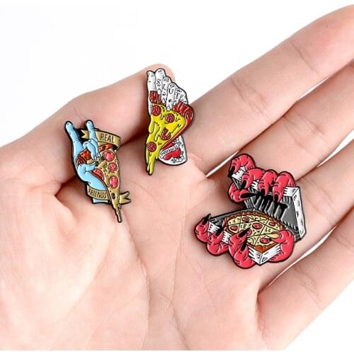 Devil zombies hand holding pizza Terrible enamel brooch Ribbon "REAL FRIENDS" Rock gesture Creative punk badge