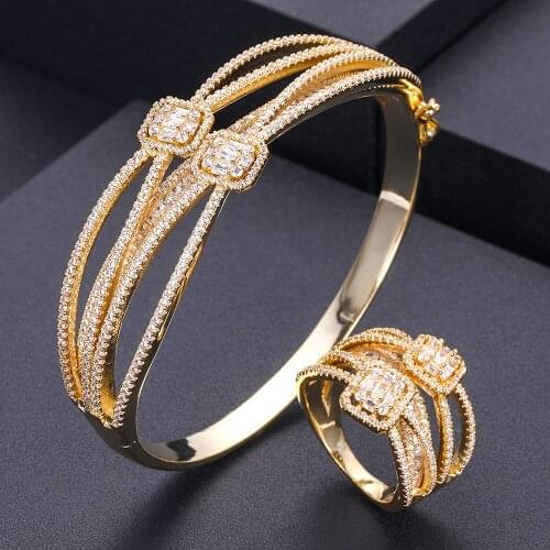 Janekelly Luxury 2PCS Dubai Bangle Ring Set Fashion Jewelry Sets For Women Wedding Engagement brincos para as mulheres 2020
