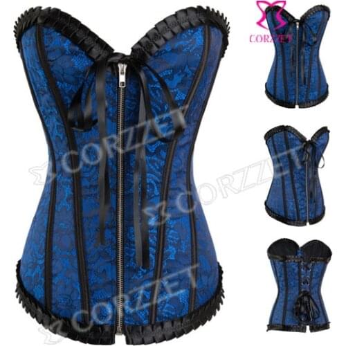 New Blue Jacquard Front Zipper Corset Body Shaper Women Overbust Corsette Corselet Gothic Burlesque Sexy Bustier Top For Female