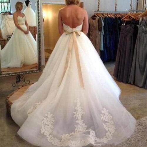 Sweetheart A Line Lace Wedding Dresses with Champagne Belt 2021 Applique Tulle Bridal Gowns Long Sleeveles vestido de noiva