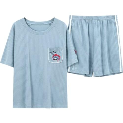 Summer New Fashional Ladies Sleepwear Cotton Pajams Light Blue Nightgown Pijama Suit Pyjamas Women Sets With Short Pants