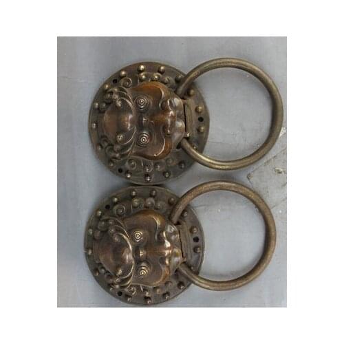 Copper Brass CHINESE crafts Asian 8 "Old Chinese folk Cobre Foo Fu Dog Guardion Lion Pair puerta aldaba