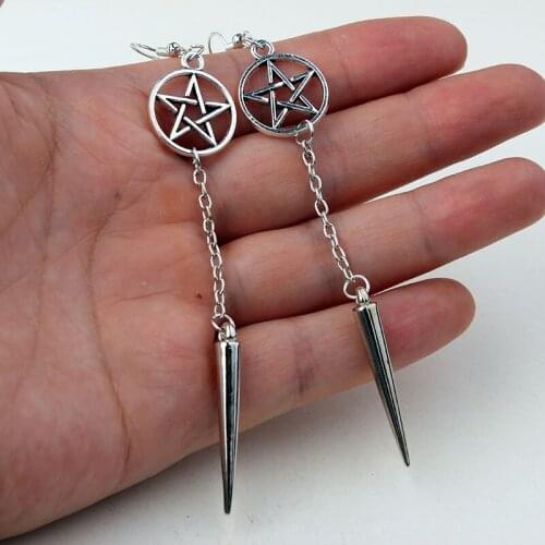 Unusual Earrings for Women Rivet Pentagram Hanging Long Earings Silver Color Retro Female Jewellery Gothic Punk Gift VGE106