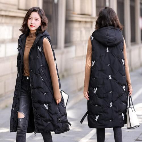 2020 New Autumn and Winter Womens Waistcoat Vest Loose Zipper Sleeveless Hooded Down Cotton Mid-length Coat Embroidery Top y331
