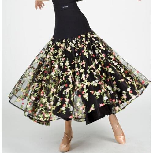 2020 New Standard Lace Ballroom Dance Skirt Waltz Tango Competition Dancing Wear For Women Mesh Embroidered Long Skirts DL5895
