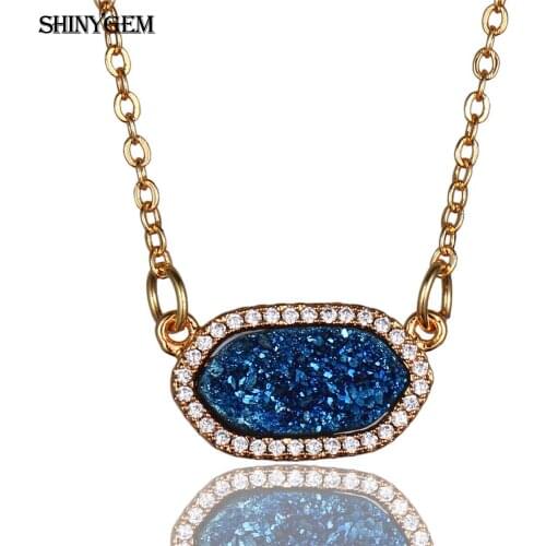 ShinyGem Hexagon Druzy Stone Necklaces Golden Natural Stone Choker Necklaces Sparkling Healing Stone Pendant Necklaces For Women