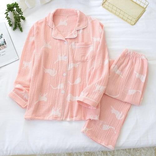 JULYS SONG Women Pure Viscous Cat pajamas Couple Spring Autumn WinterSleepwear Pink Color Loose Cute Lapel Casual New Homewear