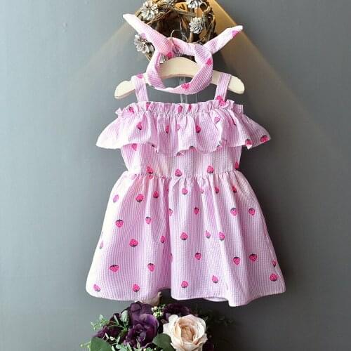 Girls Dress With Headband Summer Strawberry Printed Kids Dresses for Girls 2019 New Shoulderless Children Princess Clothing