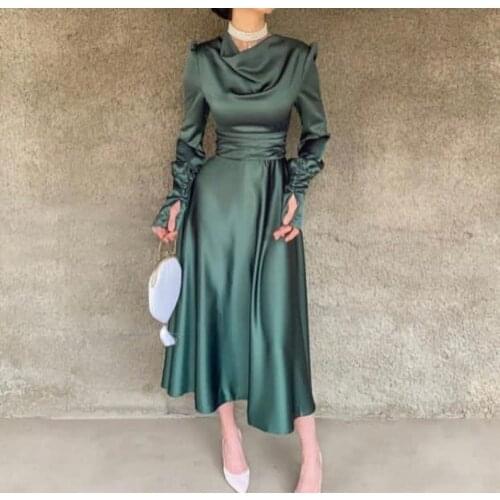 Long Sleeve Olive Pleated Short High Neck Evening Dresses Zipper Back Tea Length Arabic Formal Party Dress for Women