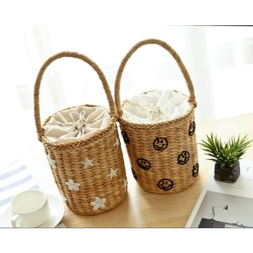 Beach Bag Beading Embroidery Small Bucket Straw Bags Star Smile Women Causal Weave Girls Drawstring Handbags Shopper Totes