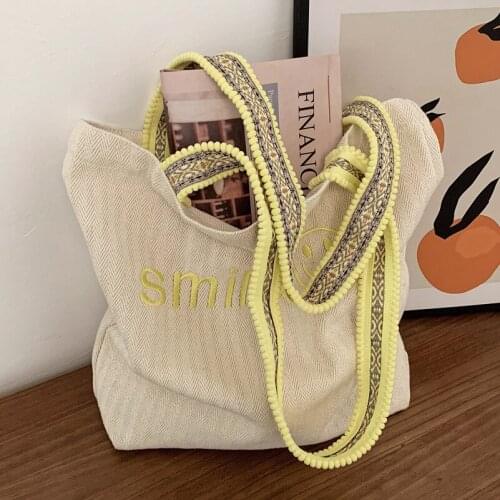 Casual Embroidered Smile Fashion Canvas Simple Handbags for Women Bags Stripes Shoulder Bags Student Tote Travel Shopping Bags