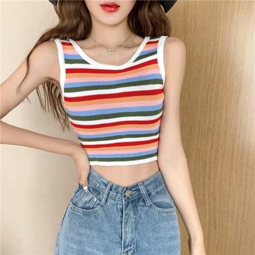 Sexy Rainbow Striped Tank Tops Casual Sleeveless Knitted Vest Women Short Tops