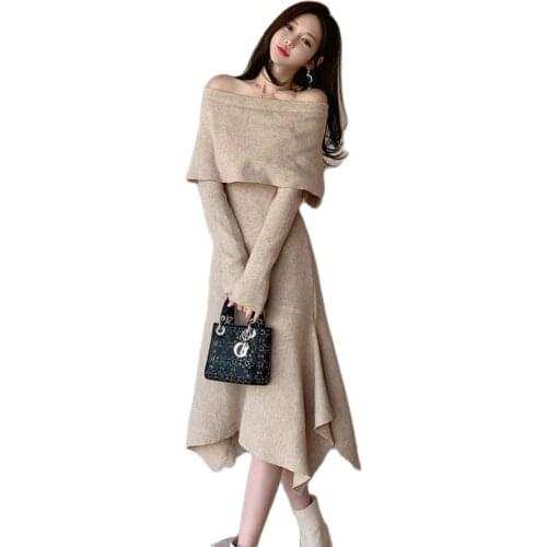 Sexy Knitted Dresses one piece Korea Laides winter long Sleeve Off shoulder Maxi party Dresses for women Sweater clothing