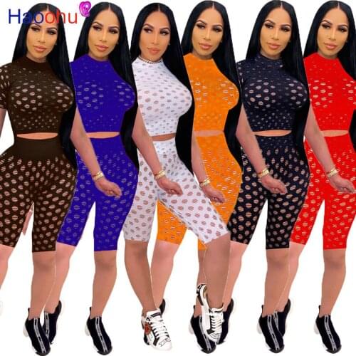 HAOOHU Sexy Sheer Two Piece Set Club Outfits for Women Tracksuit Sweat Suits Crop Top and Biker Shorts Loungewear Matching Sets