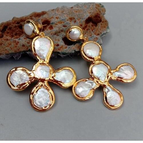 YYGEM Gold plated Cross shape Natural Freshwater Cultured White Coin Pearl Crucifix Drop Stud Earrings Fashion Jewelry For Gift