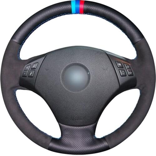Hand-stitched Black Genuine Leather Suede Car Steering Wheel Cover for BMW E90 E91(Touring) 320d 325i 335i X1 E84 2009 2010-2015