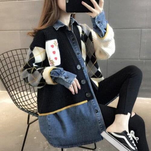 Knitted Patchwork Fake Two-Piece Jeans Coat Womens Loose Spring Autumn 2021 Cardigan Fashion Korean Denim Jacket Clothing Top