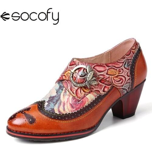 SOCOFY Retro Printing Pumps Chromatic Rose Genuine Leather Metal Leaves Buckle Strap Pumps Women Shoes Botas Mujer 2020
