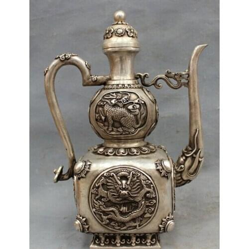 Decorated 14" Tibet Silver Buddhism Dragon Kylin Flower Wine Pot Teapot wholesale Decoration real Silver Brassroom Art