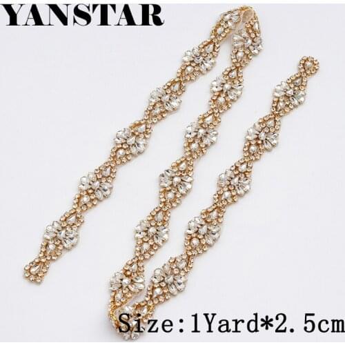 YANSTAR Wholesale 10 Yards Rhinestone Applique Bridal Belt Crystal Rhinestones Applique Trim Iron On Wedding Dress YS976