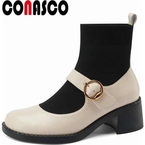 CONASCO 2021 Sweet Women Ankle Boots Autumn Winter Warm Cow Leather Party Basic Prom Office Lady Classic High Heels Shoes Woman