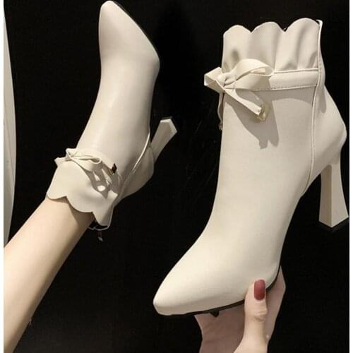 Elegant Women Ankle Boots Fashion Bowknot Pointed High Heel Autumn Shoes Woman Zipper Office Lady Dress Shoes Footwear Booties