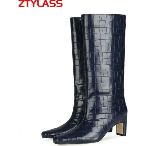 Women Faux Leather Slip On Knee High Boots Retro Square Toe Stone Print Women Boots Autumn Winter Low Heel Shoes Woman Plus Size