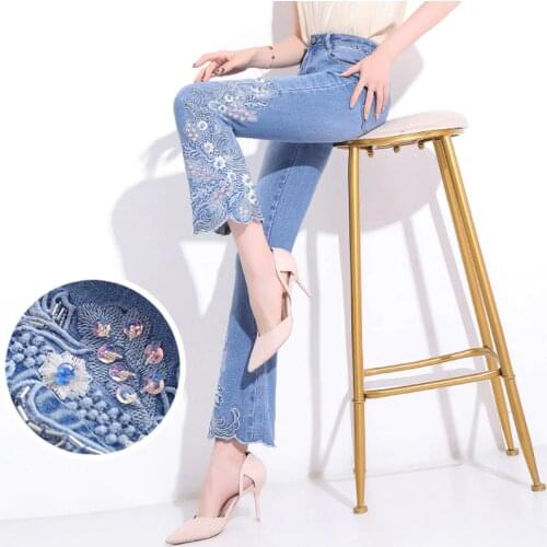 FERZIGE Handmade Luxury Beading Embroidery Pants Women Skinny High Waist Jeans Female Blue Fashions Slim Fit Pants Plus Size New