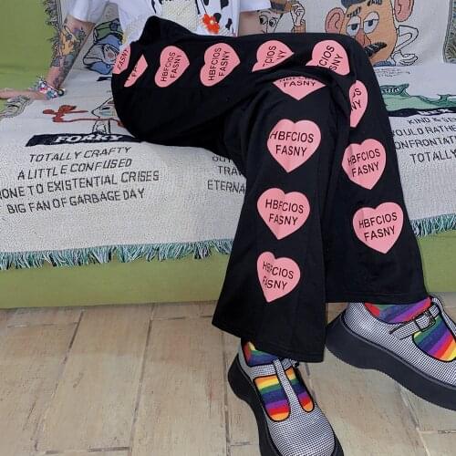 Women Japanese Long Pant Harajuku Elastic Waist Love Letters Printed Soil Cool Sweet Loose Wide Legs Thin Flared Pants Trousers