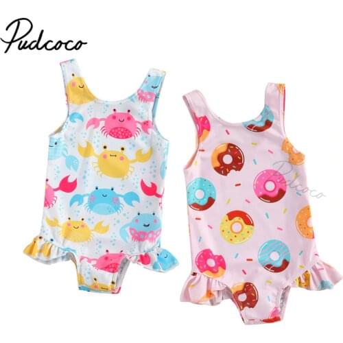 0-3Y Breathable Infant Newborn Girls One-piece Swimsuit, Summer Children Cute Crab/Donut Printing Sleeveless Swimwear Vacation