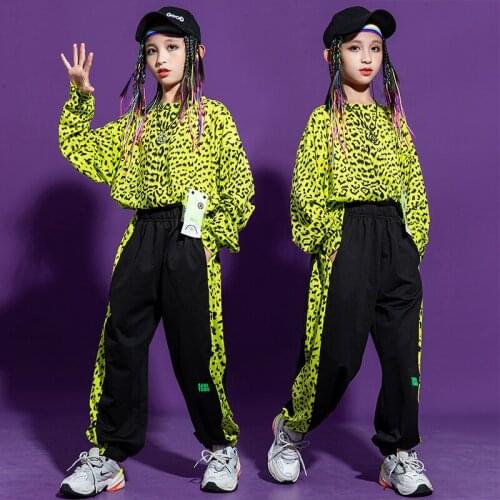 Girls Jazz Dance Costume Hip Hop Clothes Green Leopard Tops Casual Hip Hop Pants Kids Hiphop Modern Outfit Stage Wear BL5523
