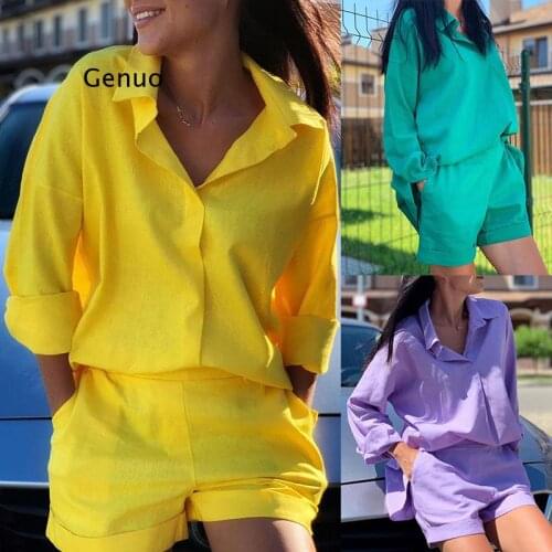Summer Women Shirts 2 Piece Set Casual Solid Lapel Long-Sleeved Blouses and Shorts Suits Female Loose Streetwear Outfits Clothes