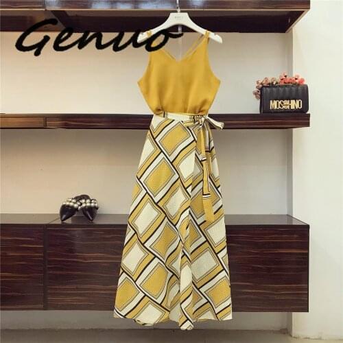 2019 Holiday Wind Bohe Skirts Suit Women Summer Sexy Suspender Vest Top + High Waist Split Fork Printing Skirt Two-piece Sets