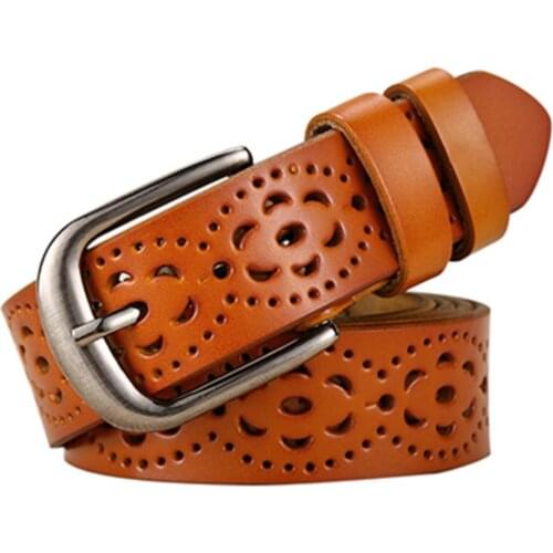 2019 New Alloy Pin Buckle Genuine Cow Leather Belt For Women Casual Embossing Hollow Belts Woman Brown Belts