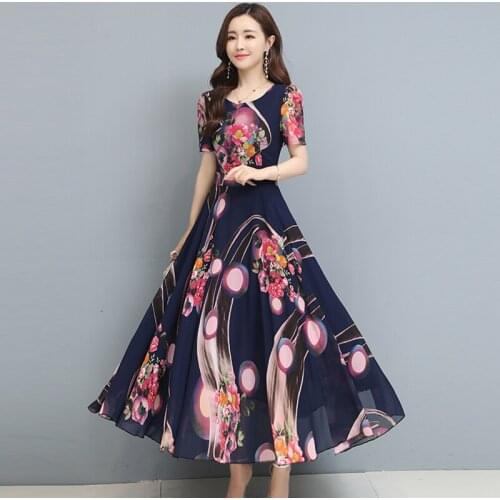Party Dress Vadim Summer Fashion Chiffon Floral Print Short Sleeve O-neck Long Women Robe Femme Ropa Mujer Vestidos 6369