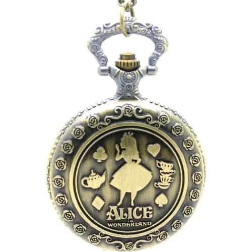 10pcs in) Vintage Girls Alice in wonderland Quartz flip pocket watch necklace party promotion cosplay unique gift