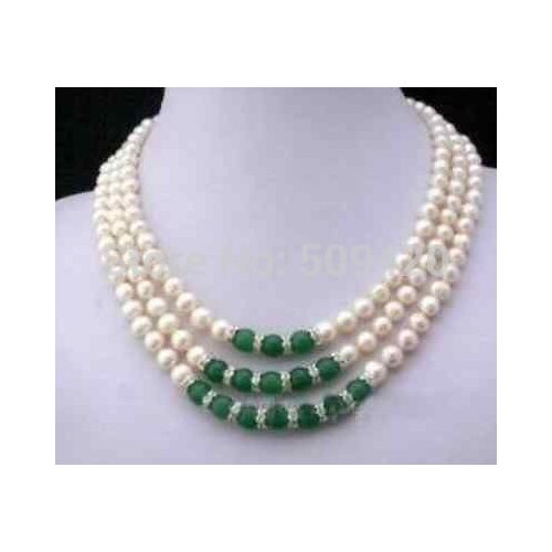 Free Shipping Wholesale 3Rows 7-8MM White Akoya Pearl and Green stone Necklace
