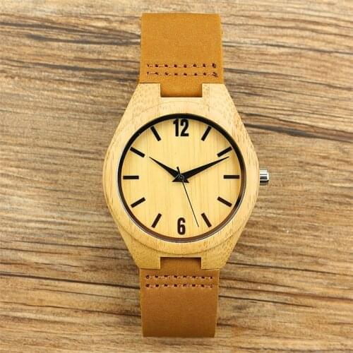 New fashion men handmade nature bamboo watch women casual Genuine leather simple dial unisex classic gift clock Reloj de madera