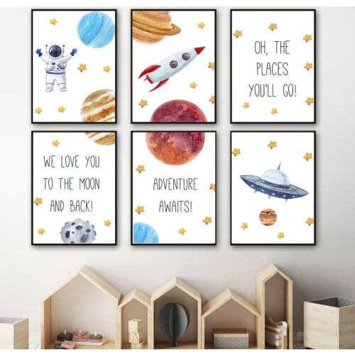 Space Rocket Astronaut Ufo Quotes Nursery Nordic Posters and Prints Wall Art Canvas Painting Wall Pictures Baby Kids Room Decor