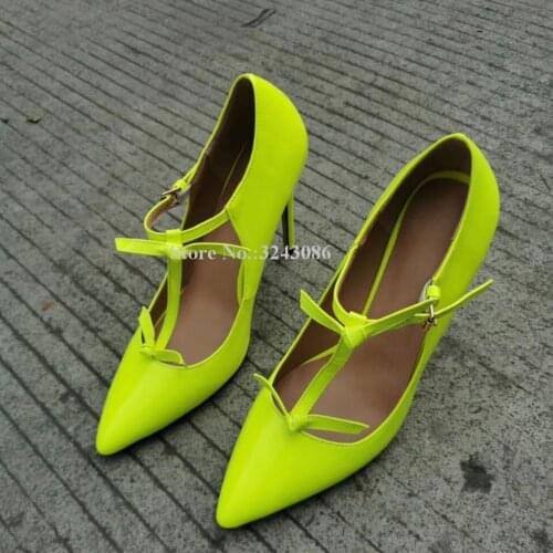 Fluorescent Yellow Bowtie Stiletto Heel Pumps Shoes Women New Pointed Toe T-Strap Single Shoes Lady Real Photos Party Dress Shoe