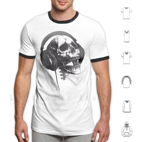 Music Forever T Shirt Big Size 100% Cotton Skull Life And Death Graphic Design Ink Black And White Hand Drawn Headphones Music
