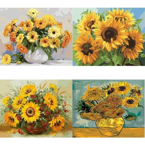 DIY Oil Painting Paint By Numbers"Chrysanthemums and Sunflowers"Acrylic Paint Drawing on Canvas Wall Art Hand Painted Home Decor