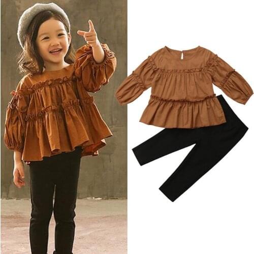 1-6Y Fashion Pretty Autumn Toddler Baby Girls 2PCS Sets Long Lantern Sleeve Ruffles Brown Tops+Black Pencil Pants 1-6Y