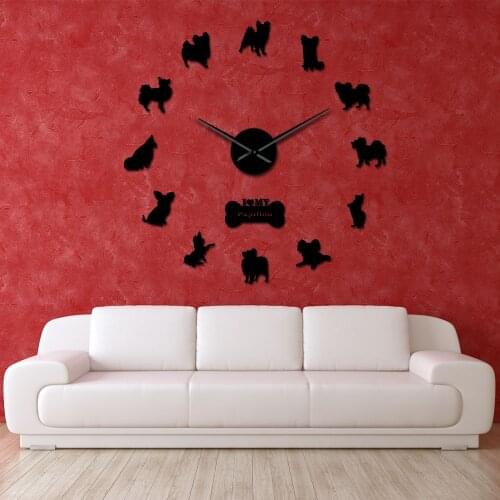 Papillon Dog Portrait Wall Art Decor DIY Wall Clock Doggie Figurine 3D Acrylic Self Adhesive Animals Wall Stickers Clock Watch