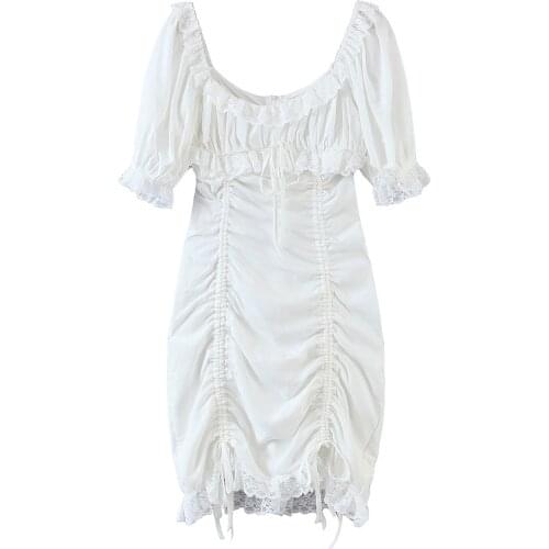 JC·KILIG 2021 New Lace Pleated up Bubble Sleeve Square Neck Dress DP9389