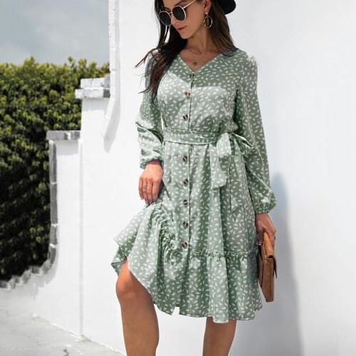 Autumn Womens Dresses Fashion Printing Wave Point V Neck Single Breasted Casual Loose Lace Up Ladies Long Sleeved Dresses 2021