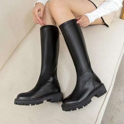 Osunlina Fashion Long Boots Round Toe Square Heels Cow Leather Platform Autumn Knee-High Boots Zipper Comfortable Handmade Shoes