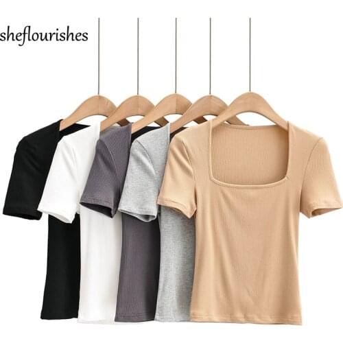 Casual t shirt women vintage square neck top summer short sleeve shirts basic solid cropped top knit woman tshirts black 2021